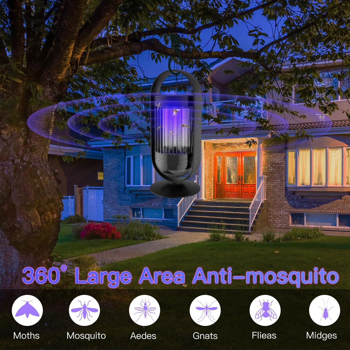 CASACASA Zapper Outdoor, Inhalation Mosquito Zapper Outdoor Indoor with LED Light, Mosquito Zapper Rechargeable Fly Killer, Flying Insects Zapper Outdoor Up to 1500V, ABS Plastic Outer (Black)