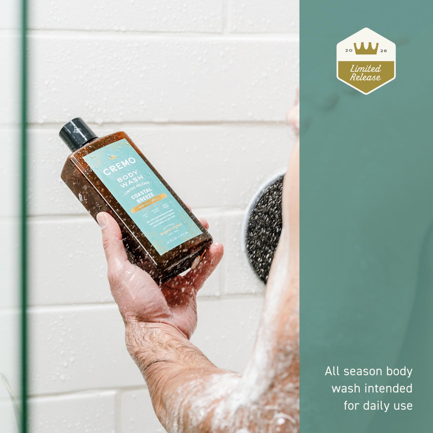 Cremo Rich-Lathering Coastal Breeze Body Wash Men, Notes of Salty Air, Coconut Water, and Mossy Woods, 16 Fl Oz