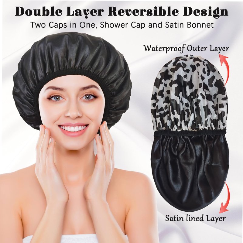 Choshion Reusable Waterproof Shower Cap for Women - Large Plastic Satin Lined for Braids & Long Hair