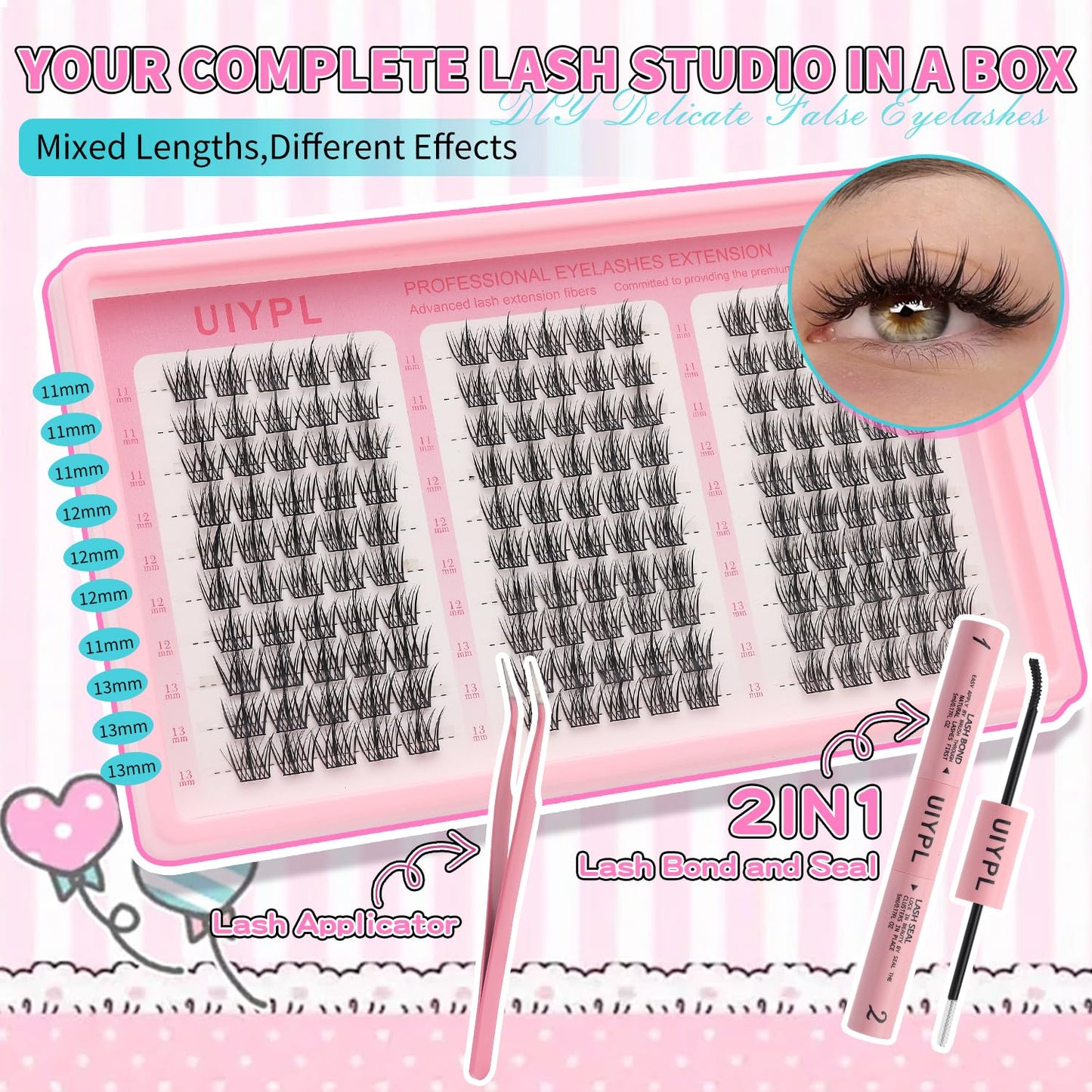 UIYPL Lash Clusters Kit-Cluster Eyelash Extensions. Eyelash Extension Kit. Volume Lash Clusters. Pro Lash. False Eyelashes & Adhesivesc. (wing kit 150pcs)