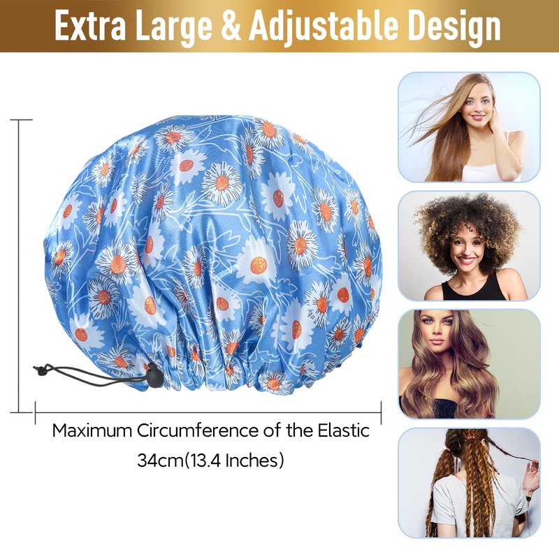 Reusable Shower Cap, Hair Cap, Oversized Waterproof Shower Caps Large Designed for all Hair Lengths with PEVA Lining & Elastic Band Stretch Shower Hat - Blue Flower Shower Caps for Women