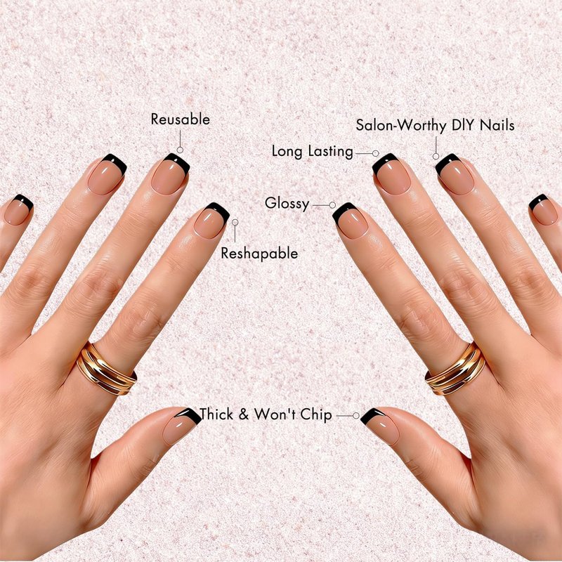 KXAMELIE Press On Nails Short - Square French Tip Press On Nails with Glue, Natural Nude Fake Nails in 15 Sizes - 30 Soft Gel Glue on Nails Kit for Women, Supremely Fit, Elegant Black French