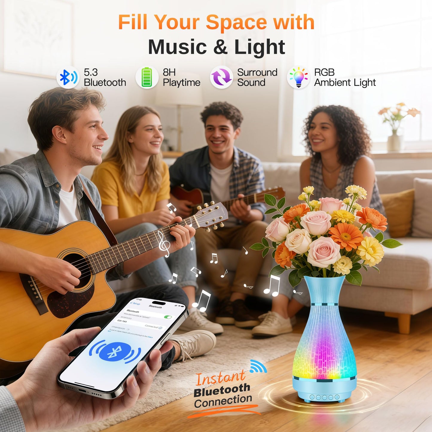 3-in-1 Vase Bluetooth Speaker With Ambient Light & White Noise, 8H Playtime, Water-Safe Flower Vase for Bedroom, Living Room Decor, Mother's Day,Birthday Gift for Women, Mom, Wife or Girlfriend