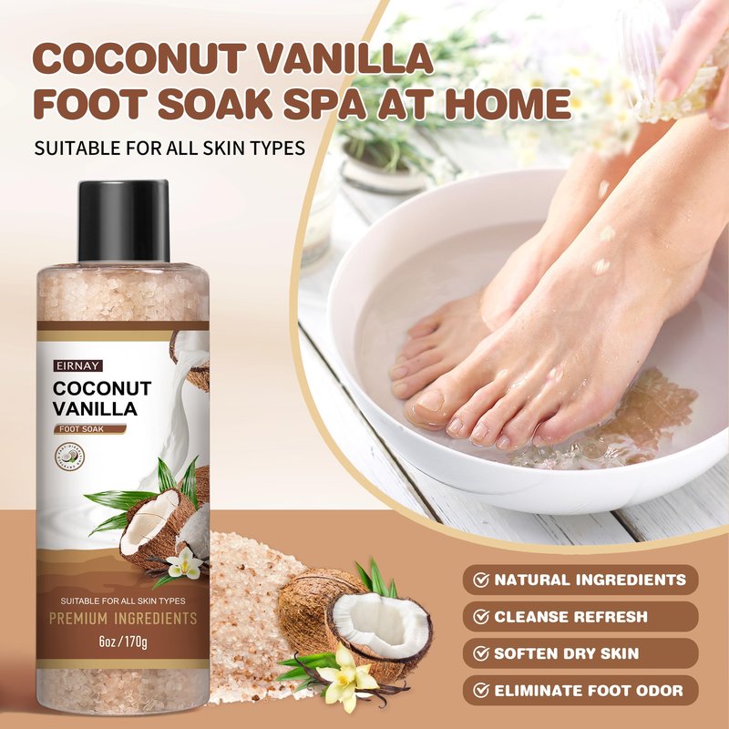 EIRNAY Coconut & Vanilla Foot Soak Set - Salts, Foot File, Scrub & Urea Cream Pedicure Supplies for Dry, Cracked Feet - Foot Spa Pedicure Kit for Women Men