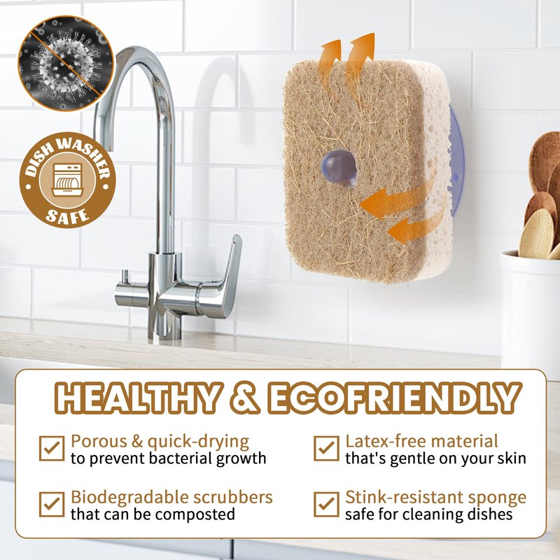 Silkyhose 6pcs Scrub Sponges with Suction Cup Hook, Natural Kitchen Sponge, Biodegradable Compostable Cellulose and Coconut Non-Scratch Sponges, Cleaning Sponges for Dishes