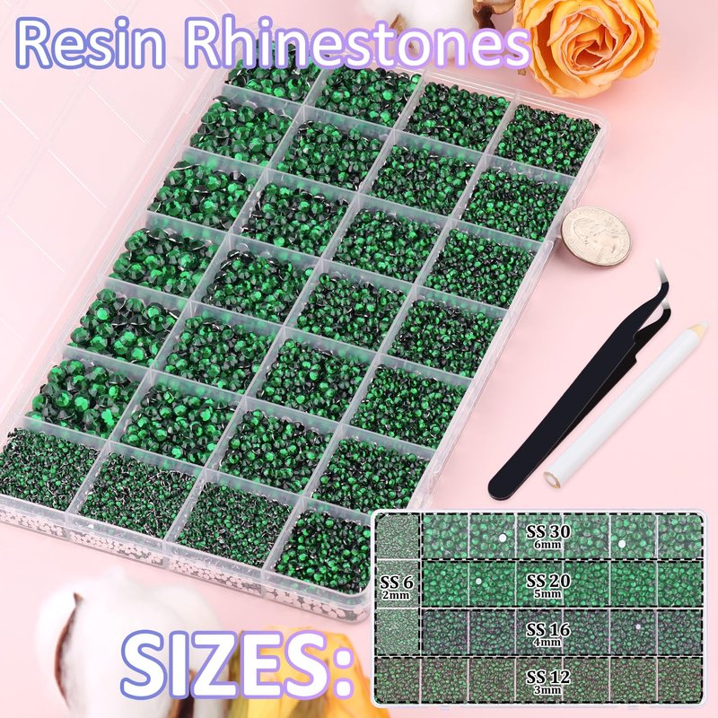 30000Pcs Resin Rhinestones for Bedazzling with Tweezers, Emerald Green Rhinestones for Crafting with 3Pcs 10ml B7000 Jewelry Glue for DIY Crafts Clothing Tumblers Shoes Fabric Nail Art