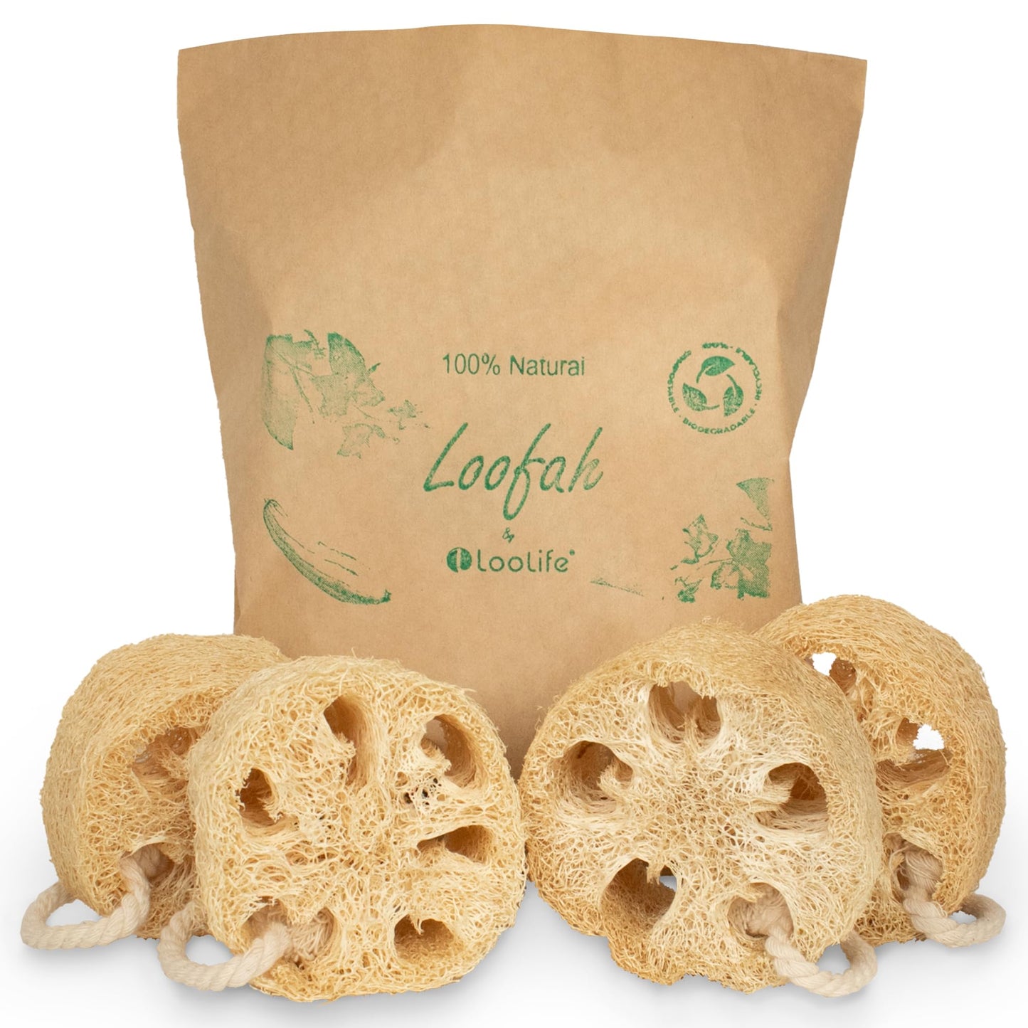 Natural Loofah Exfoliating Sponge (4 Pack) - Loofa Exfoliating Body Scrubber - Biodegradable Organic Loofah Sponge - Shower Luffa Sponges - Shower Lufa - Estropajos para el Cuerpo