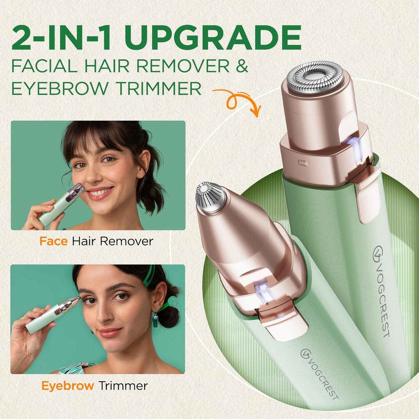 VOGCREST Hair Trimmer - 2 in 1 Facial Hair & Eyebrow Remover | Rechargeable, Portable with LED Light