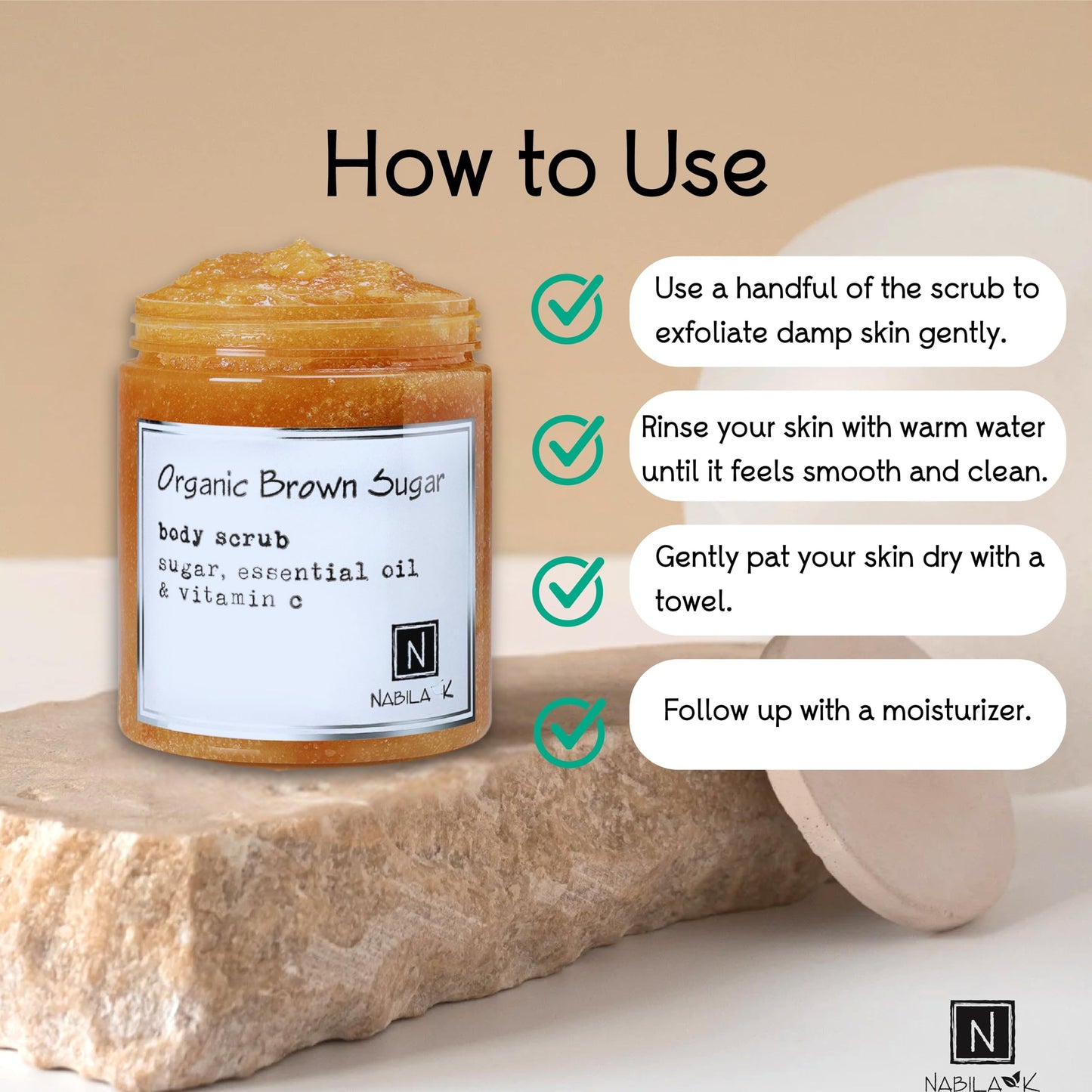 Nabila K Organic Brown Sugar Body Scrub for Women & Men | Sulfate-Free, Cruelty-Free, Natural Exfoliant with Vitamin C | Cane Sugar and Shea Butter | 3 oz