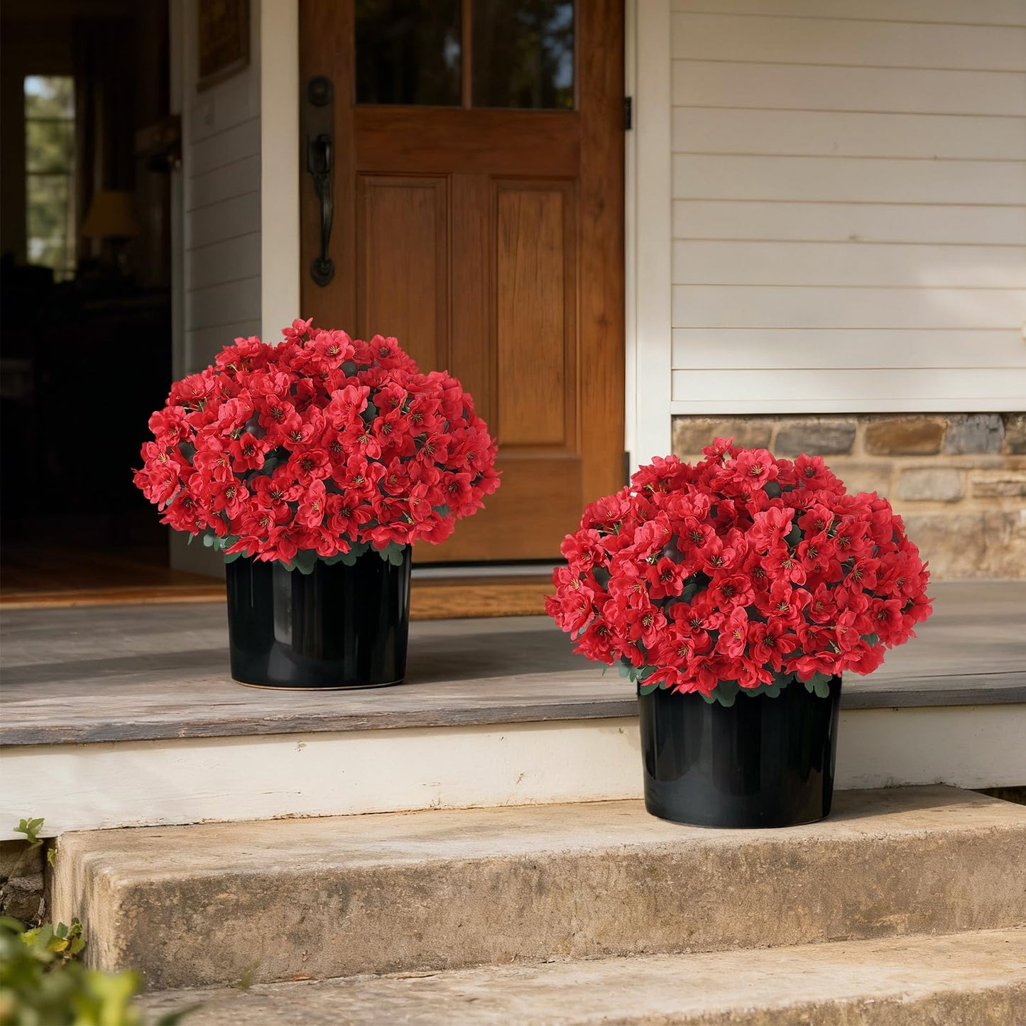 YXZZWL Set of 2 Artificial Azalea Flower Topiary Trees - Fake Silk Flower Potted Plants, Sun-Resistant Faux Outdoor Azalea Bushes for Front Door, Garden, Yard, Farmhouse Decor (Red)
