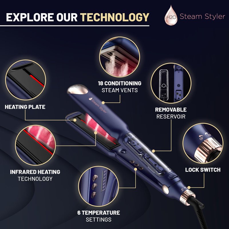 H2O Steam Styler Ultimate Steam Hair Straightener & Curler, Salon Results Frizz Control, Shine & Hydration, Infrared Heat & Ion Therapy for All Hair Types (Slim - 1.2")