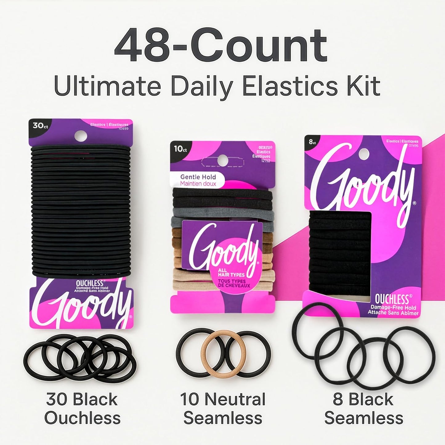 Ultimate Daily Hair Ties Kit - Ouchless No-Damage Elastics for All Hair Types | 30 Black + 10 Neutral + 8 Seamless Ponytail Holders