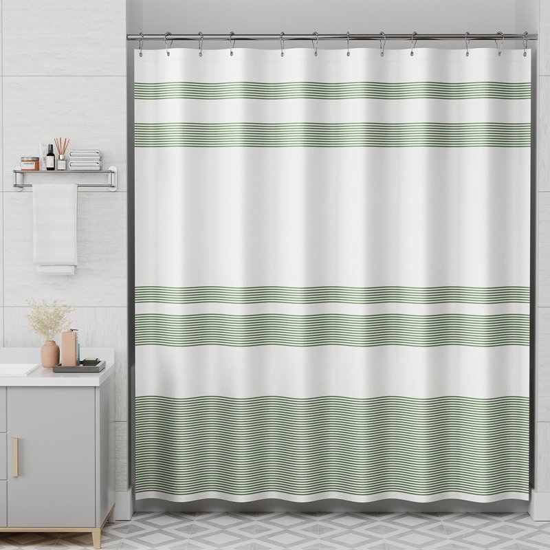 AmazerBath Shower Curtain, Washable Cloth Sage Green with 12 Shower Curtain Hooks, Fabric Green and White Striped Set, Farmhouse Bathroom Shower Curtain, 72x72 Inches