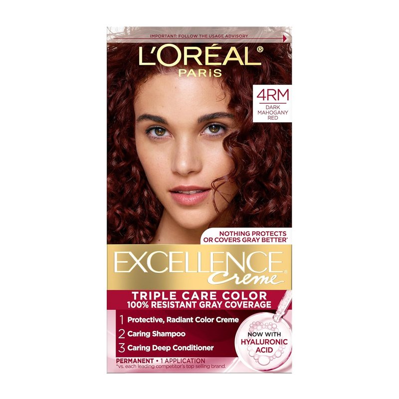 L'Oreal Paris Excellence Crème Hair Dye - Triple Care Formula for 100% Gray Coverage | 4RM Dark Mahogany Red, 1 Kit