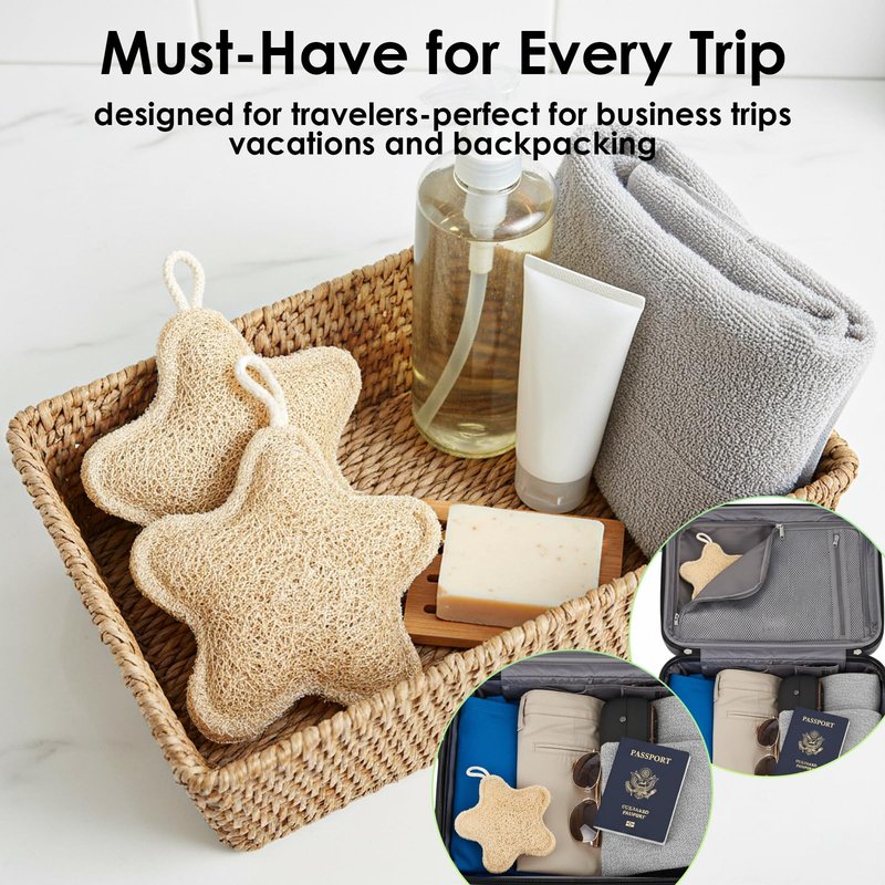 QFGasre 2PCS Travel Loofah Exfoliating Body Scrubber Made with Natural Egyptian Shower Loofah Sponge Shower Exfoliator for Women and Men (Stars Shape