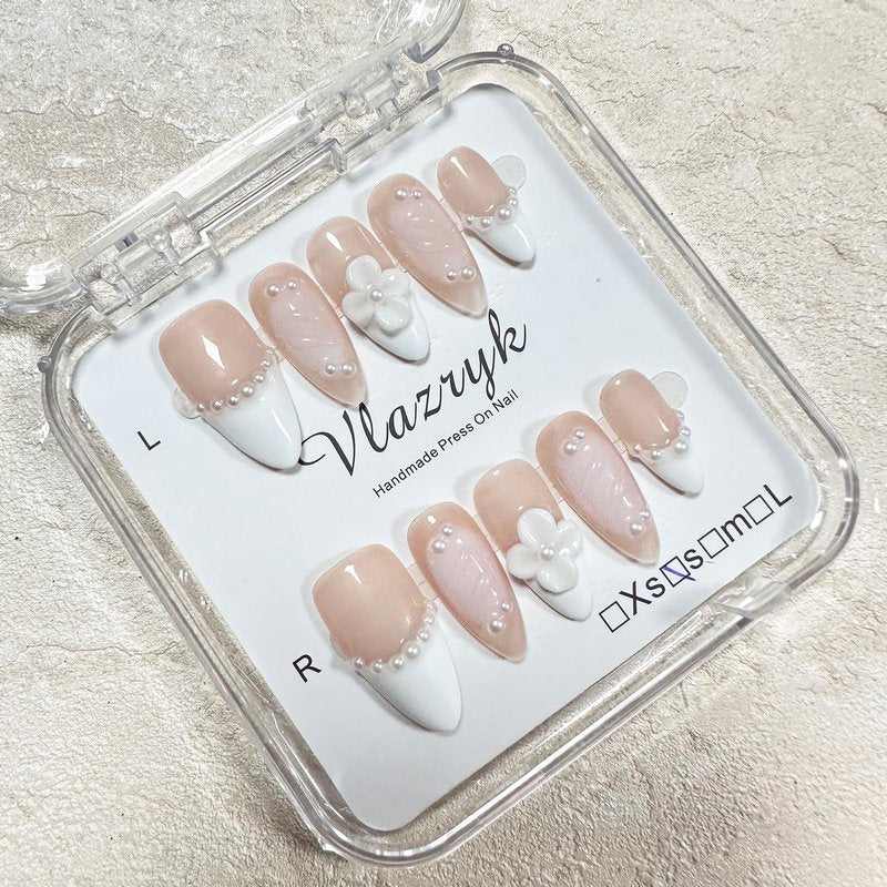 Handmade Press On Nails – Short Almond False Nails for Women, Reusable Acrylic White French Tip with Pearl & 3D Flowers Design – Salon Quality Fake Nails (M-10PCS）