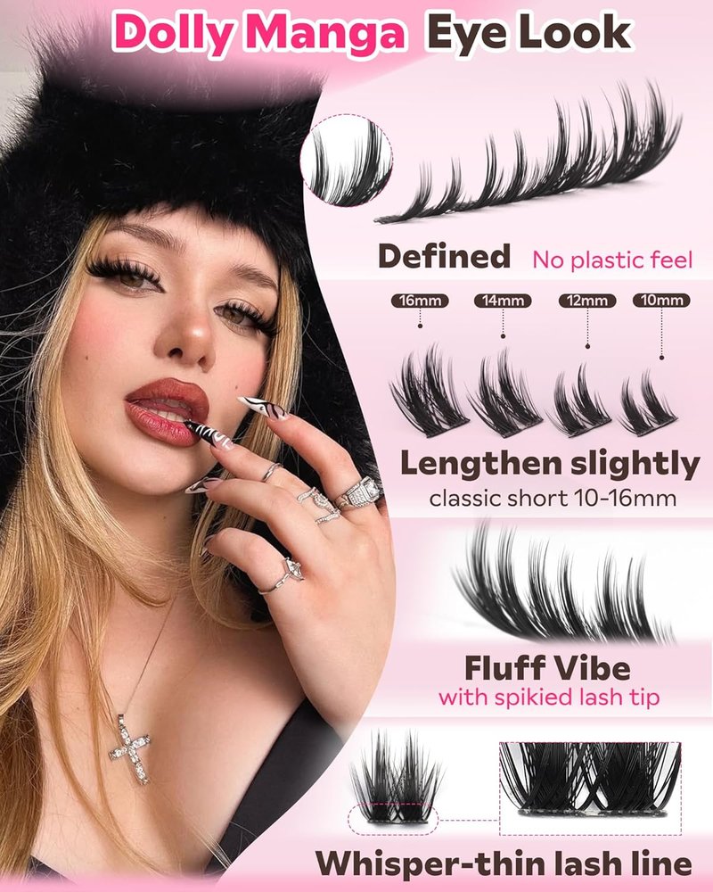 Skiennix Fluffy Manga Lash Clusters Kit - Natural Wispy Eyelash Extensions for DIY Anime Look | Waterproof Bond & Seal