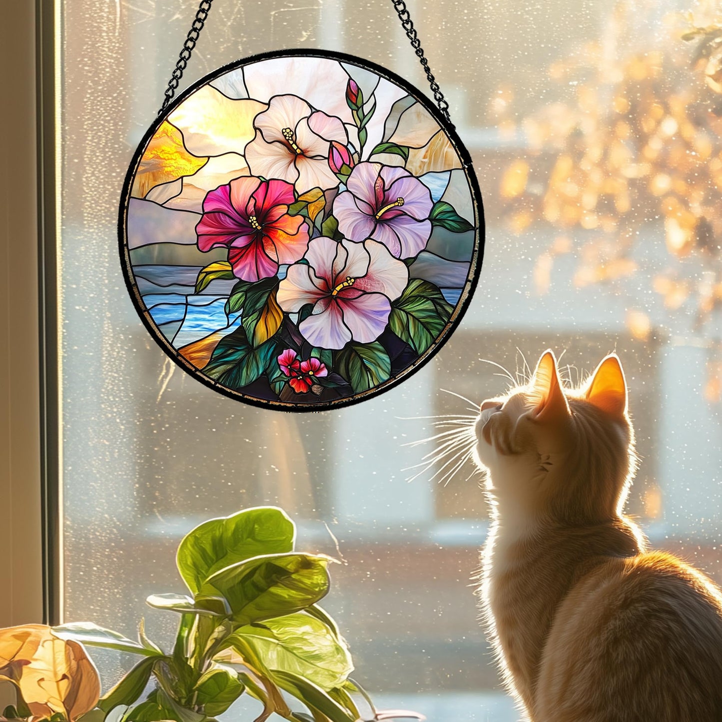 GEFOS Stained Glass Window Hanging Pink Purple Hibiscus Flowers 9.8" - Suncatcher Door Garden Sunroom Sun Catcher Decor Birthday Christmas for Mom Men Woman Nana Friend