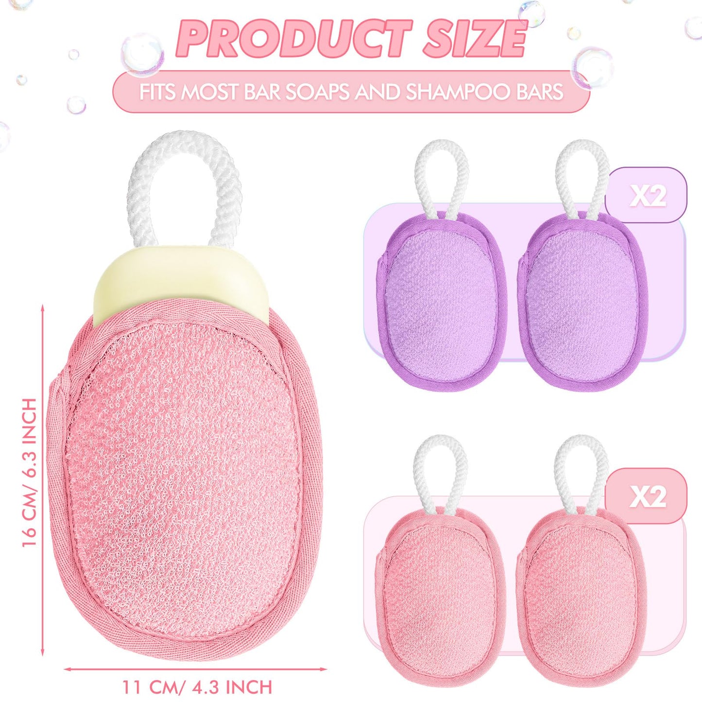 Sunnyray 4 Pcs Bath Body Exfoliating Soap Saver, Exfoliator Scrubber Pouch, Bath Loofah Sponge Body Scrubber Shower Sponge Exfoliating Mesh Pouf for Women and Men Bathing (Pink,Purple)