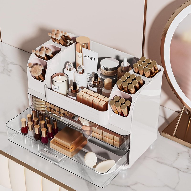 Delamu Large Makeup Organizer Countertop with 6 Brush Holders, Makeup Organizers for Vanity with 2 Large Drawers, Easy to Store Skincare, Lipsticks, Nail Polishes, Perfumes, Eyeshadow Palettes, White