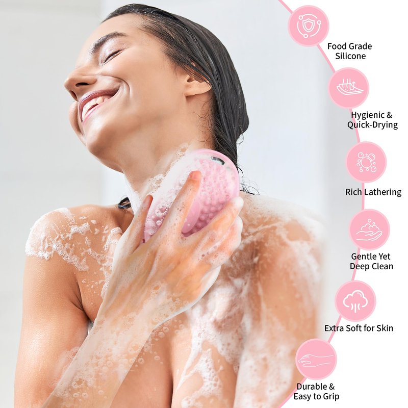 2 Pack Silicone Body Scrubber for Shower - Soft & Gentle Loofah Alternative for Sensitive Skin, Quick-Drying & Hygienic Body Wash Scrubber Brush for Women, Men & Kids (Black & Pink)