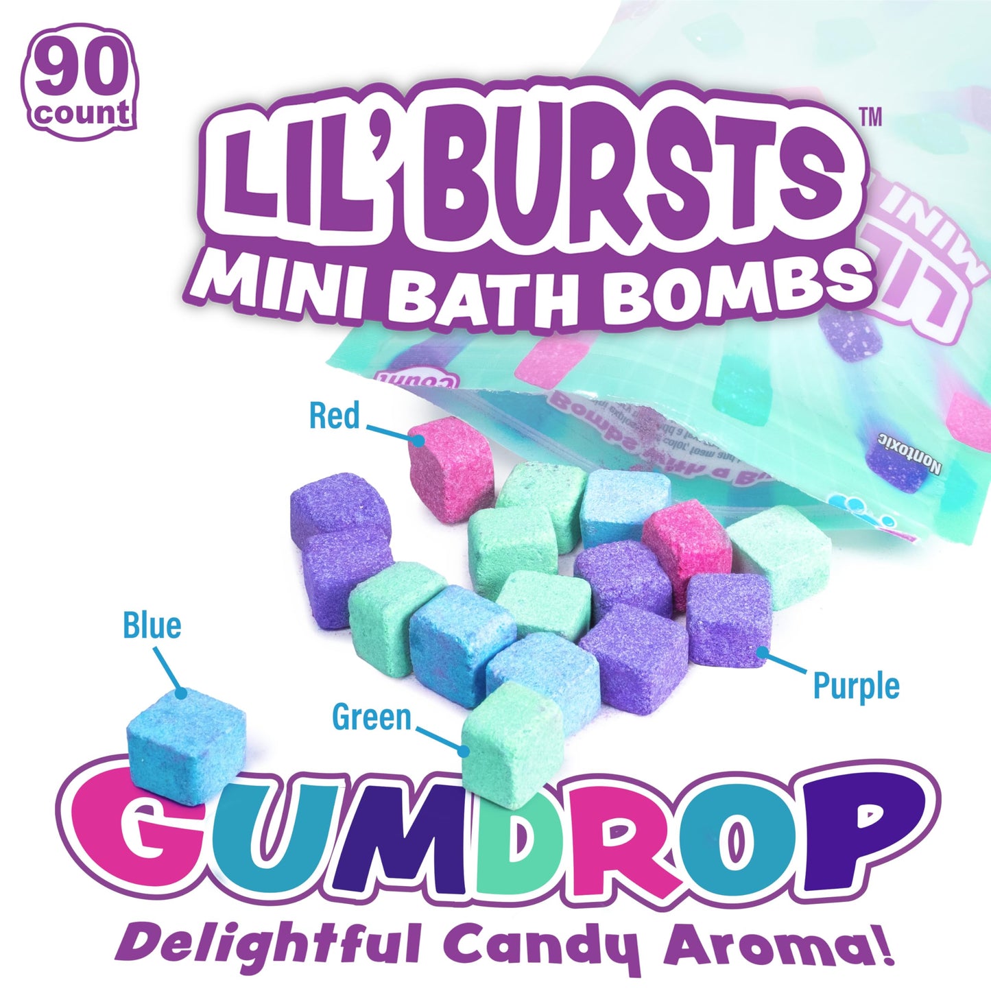 Tub Works® Lil' Bursts™ Mini Bath Bombs for Kids, 90 Count, Gumdrop | Nontoxic | Tiny Kids Bath Bombs with A Burst of Color, Foam & Bubbles | Customize Kids Bath with Fun Bath Colors | Create Tub Art