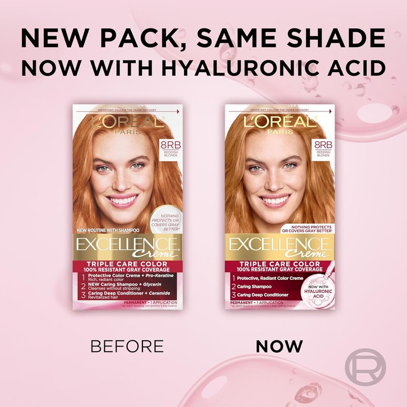 L'Oreal Paris Excellence Crème Permanent Hair Dye, Triple Care Hair Color with Hyaluronic Acid for 100% Gray Coverage, 8RB Reddish Blonde, 1 Kit (Packaging May Vary)