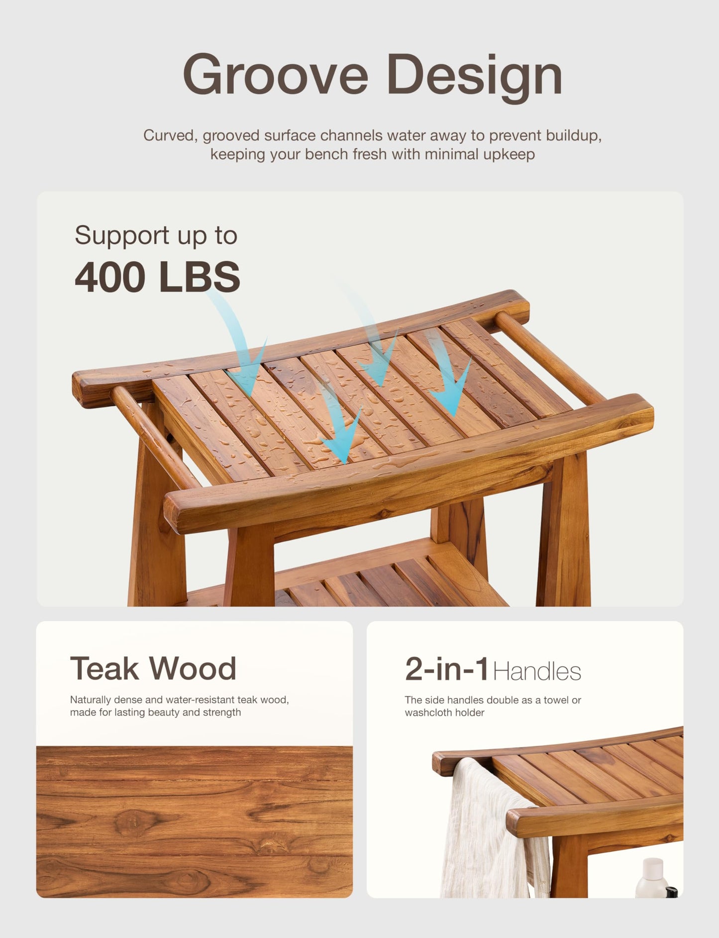 Tinamo 22”L Teak Shower Bench for Inside Shower- 400 Lbs Capacity -Teak Shower Stool & Wooden Bathroom Bench, Shower Chair for Inside Shower with Handles, Teak Shower Benches, Wood Bench for Bath