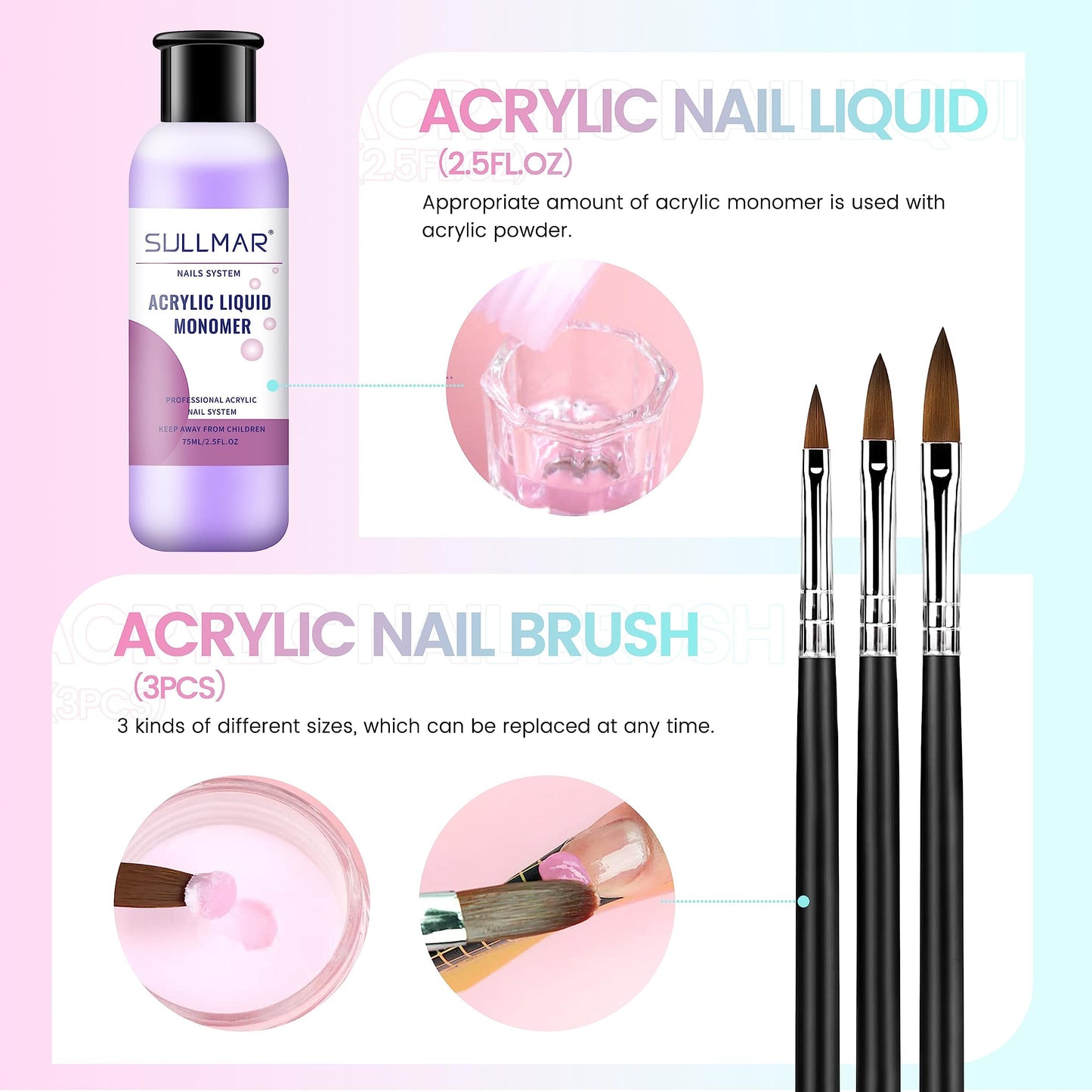 SULLMAR Acrylic Nail Kit For Beginners With Everything 8 Colors Acrylic Powder Acrylic Liquid Monomer With The Acrylic Nail Brush NailT Ools Nail Kits Acrylic Nails