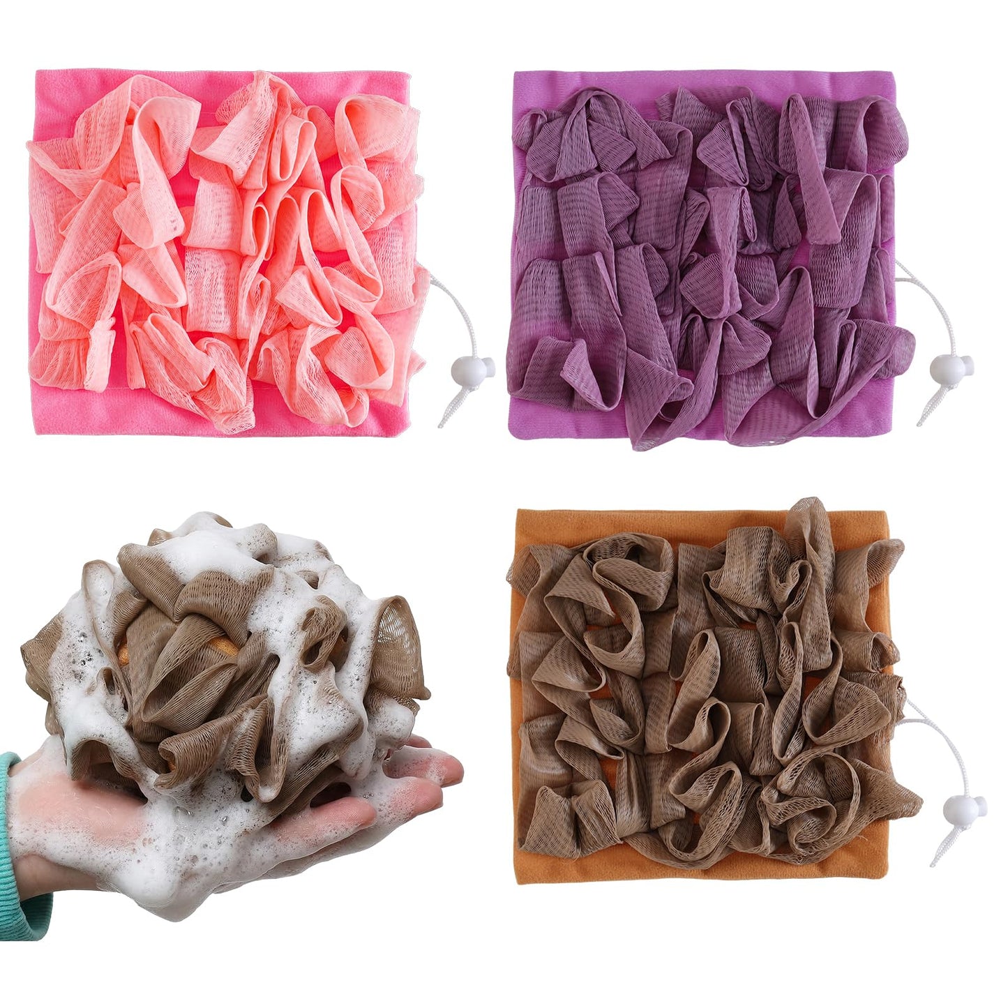 Ngdhkd 3pcs Bar Soap Loofah Washcloth Loofah Pouch Bar Soap Pocket Exfoliating Shower Sponge with Soap Saver Pocket for Bathing Body Wash Brown Purple Pink