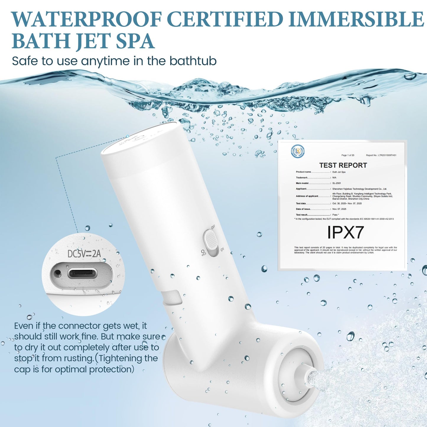 Bath Jet Spa, Rechargeable Bath Jet/Bubble Modes, Impact Force 65 kPA, Cordless Portable Mute Bathtub Accessories for Home Spa, Bathtub Jets for Tub Adjustable Speed Full-Body Relaxing (White)