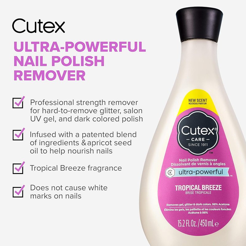 Cutex Gel Nail Polish Remover - Ultra-Powerful Formula for Glitter & Dark Colors | Tropical Breeze Scent, 15.2 Fl Oz
