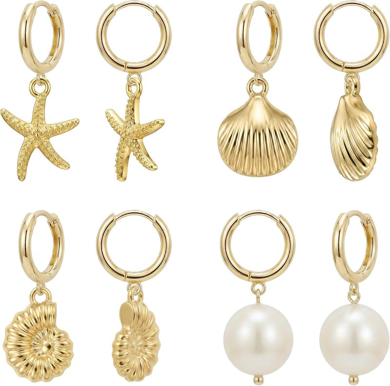 Skiennix Huggie Hoop Earrings Set - 14K Gold Plated Ocean Elements | Shell, Starfish, Conch, Pearl