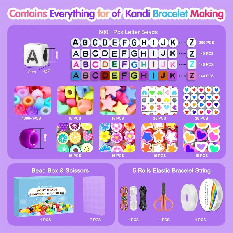 Pony Beads Kit - 5000 Pcs in 144 Colors | 6x9mm Kandi Beads for Friendship Jewelry & DIY Crafts