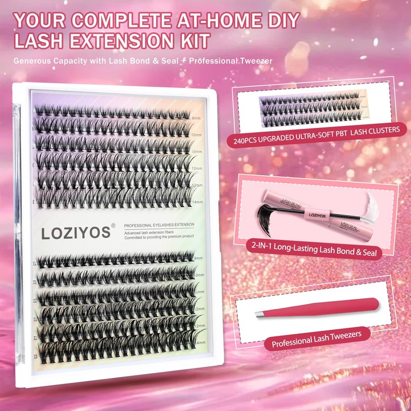 LOZIYOS Clusters Kit Wispy Eyelash Cluster Natural DIY Lash Extension Kit 8-14mm 30D 40D Individual Lashes Kit with Lash Bond and Seal Waterproof Lash Tweezers for Self Use (30D&40D，8-14mm,Kit)