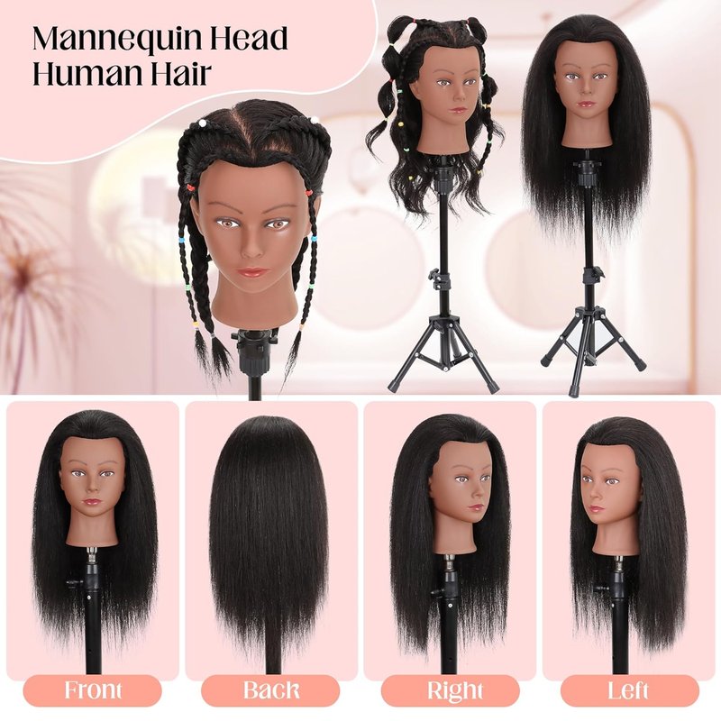 Mannequin Head 100% Real Human Hair 16", Mannequin Head Human Hair Cosmetology Doll Head for Hair Styling, Manikin Head for Braiding with Clamp Holder（Black）