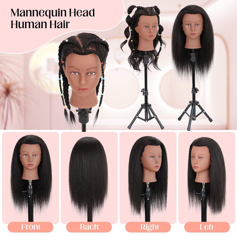 Mannequin Head 100% Real Human Hair 16", Mannequin Head Human Hair Cosmetology Doll Head for Hair Styling, Manikin Head for Braiding with Clamp Holder（Black）