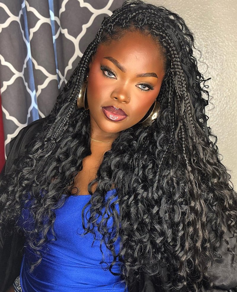 Pintress Goddess Box Braids Crochet Hair 18 Inch 8 Packs Boho Crochet Braids with Curly Ends Pre-looped Synthetic Hair Extensions 3X Crochet Braids Hair for Women (18inch,1B#)