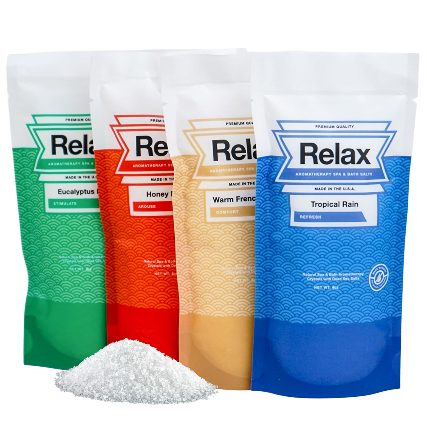 Relax Spa & Bath Aromatherapy Bath Salts Variety Pack for Hot Tub, Bath, or Spa, Infused with Magnesium, Bath Salt for Soaking, Four 4oz Sample Bags