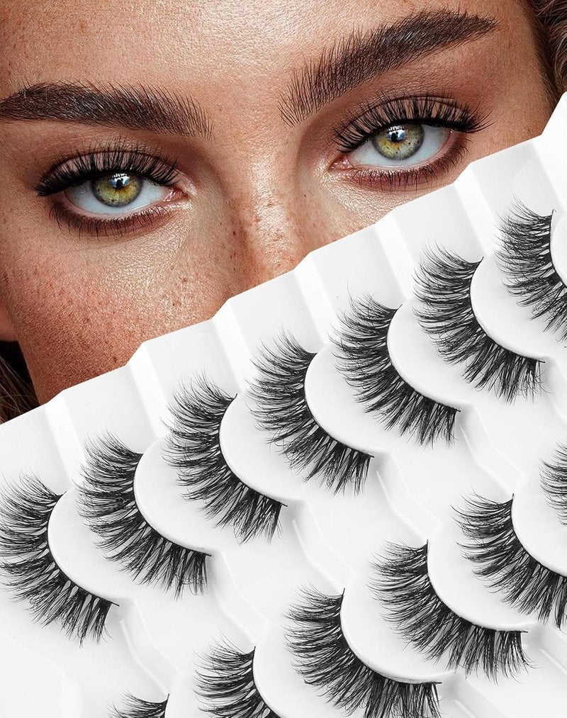 Jiocolor 3D Faux Mink Lashes - Natural Looking Short Wispy Eyelashes | 14mm, 7 Pairs Fluffy Pack