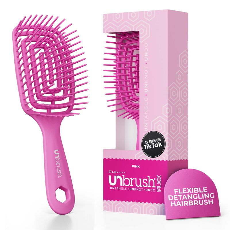 FHI Heat UNbrush Flex Detangling Brush — Ultra-Flexible, Pain-Free Hair Brush Detangler with DuoFlex Anti-Static Bristles for Removing Tangles, Massaging Scalp & Faster Styling - Pink