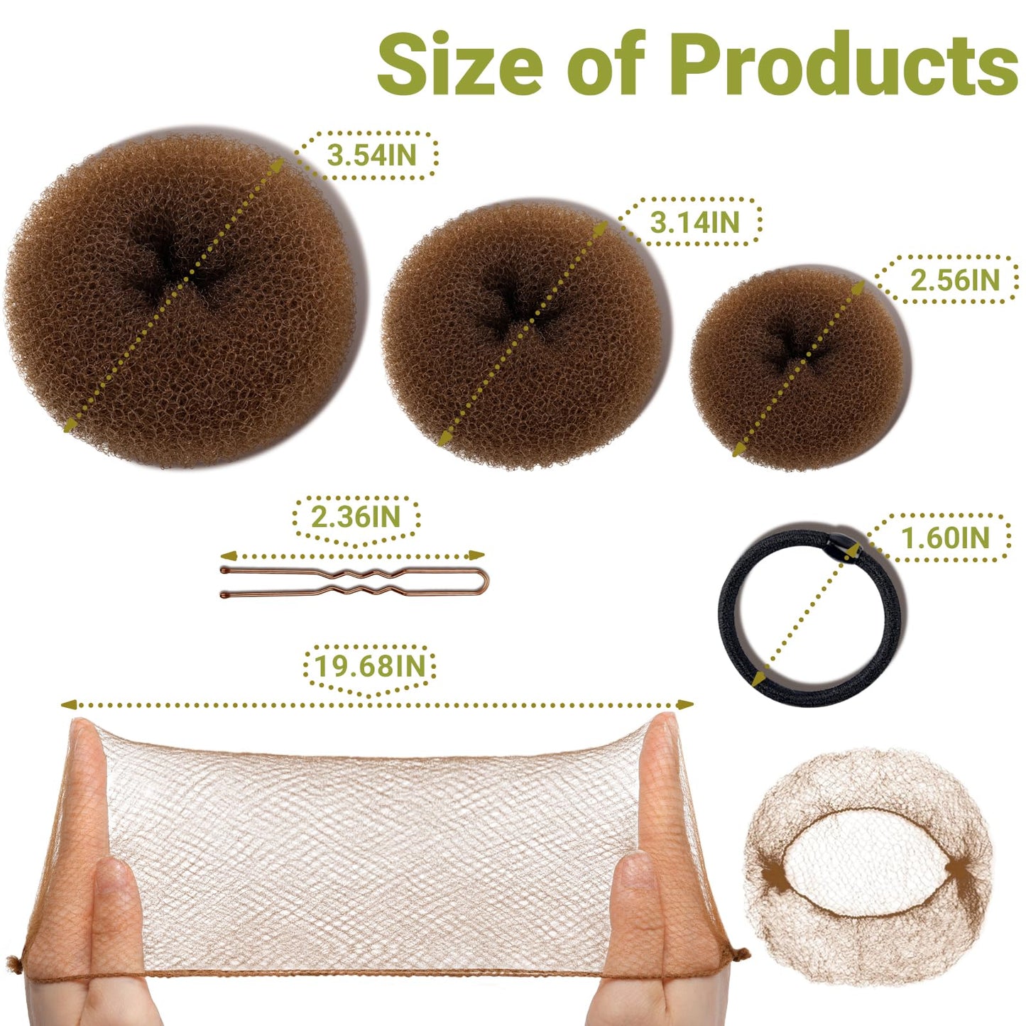 TsMADDTs Hair Bun Maker Set with 8 pcs Donut Buns for Women, 10 Invisible Hair Nets, 40 U Shaped Bobby Pins, 5 Elastic Ties for Girl's Dance, Light Brown