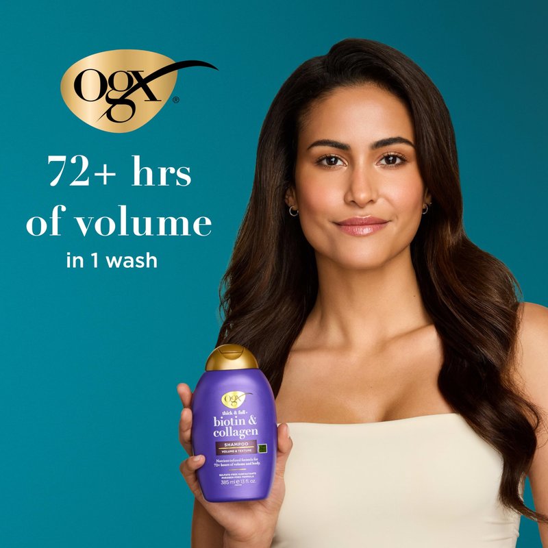 OGX Thick & Full + Biotin & Collagen Volumizing Shampoo, Nutrient-Infused Hair Shampoo with Vitamin B7 Biotin Gives Hair Volume & Body for 72+ Hours, Sulfate-Free Surfactants, 13 fl. oz