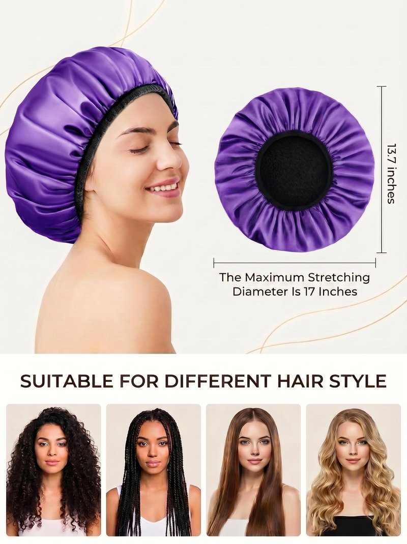 Aquior Shower Cap,Extra Large Triple Layer Bathing Cap with Dry Hair Function for Women Microfiber Terry Cloth Silky Satin 100% Waterproof Reusable Long Hair Bath Caps (Purple)
