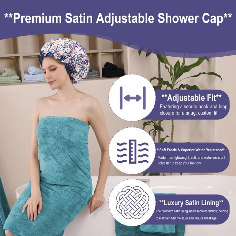 Reusable Shower Cap for Women Double Layered Shower Caps Bonnet with Adjustable Elastic Strap, Leakproof Nonslip Large Satin Lined Shower Bath Cap