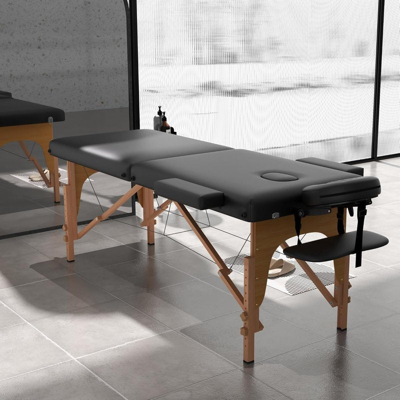 Portable Massage Table - 2 Section Foldable Tattoo Bed | Height Adjustable Lash Spa Bed with Face Cradle - Black