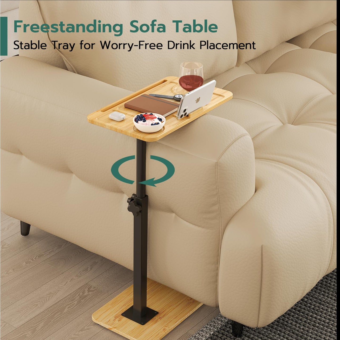 Yumkfoi C-Shaped End Table for Couch Arm, Side Table with 360° Rotating Phone Holder, Bamboo Height Adjustable TV Trays, Narrow Side Table Sofa Table Bed Tray for Living Room, Bedroom