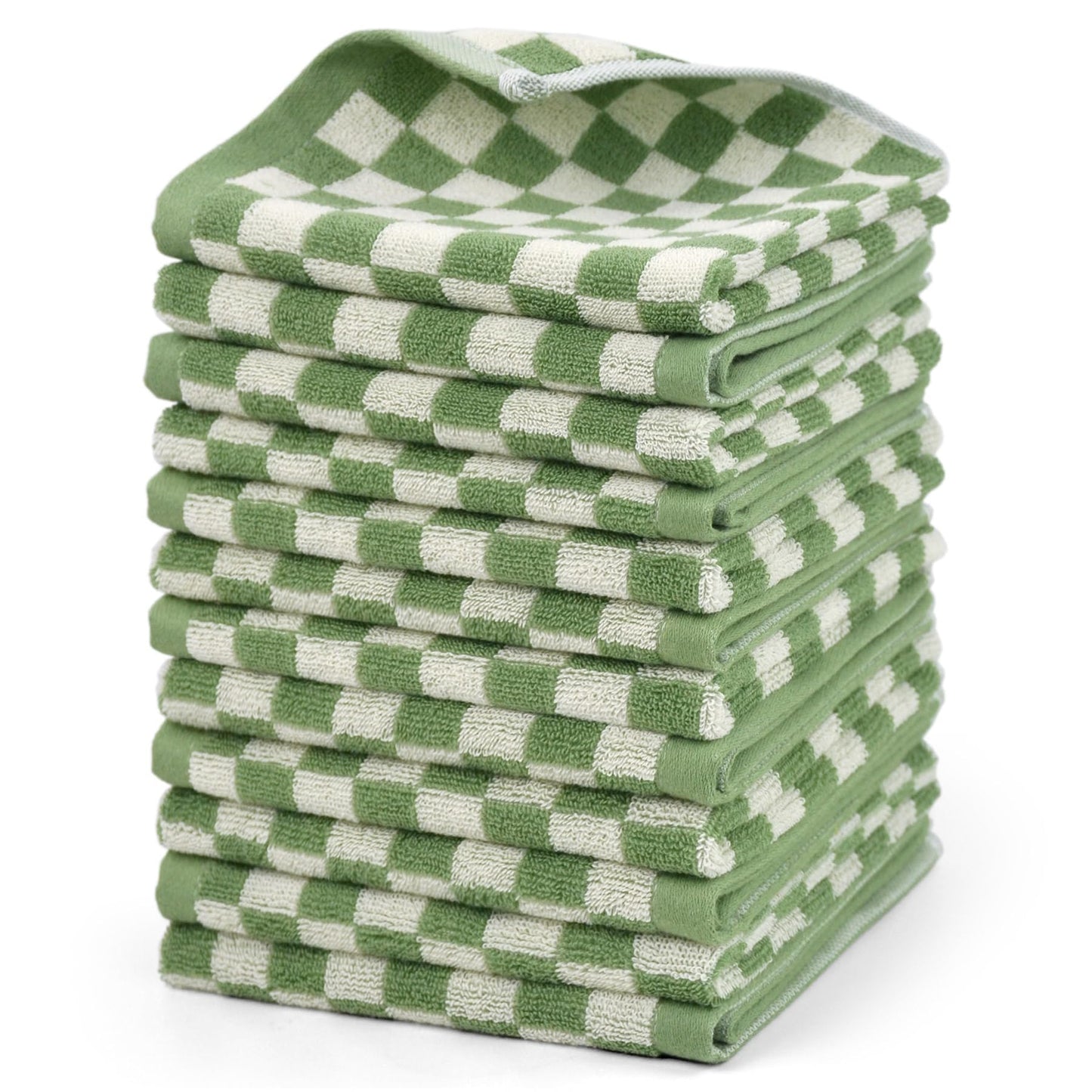 Jacquotha Wash Cloths Super Soft (Green Checkered), Wash Clothes 12 Pack Cotton Face Cloths for Washing Face Showering 13x13 Inches