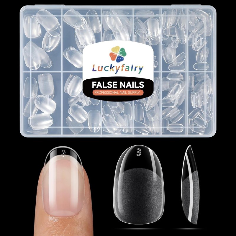 Luckyfairy Short Oval Nail Tips - 240 Pcs Half Matte Clear Gel Acrylic Full Cover for DIY Nail Art | 12 Sizes