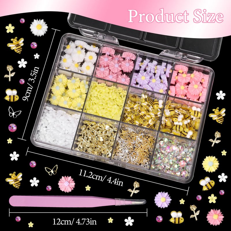3D Flower Nail Charms, Cute Bee Daisy Flowers Charms for Acrylic Nails, Alloy Rose Butterfly Rivet Nail Charm and Rhinestones Gems for Nails Art Designs Accessories